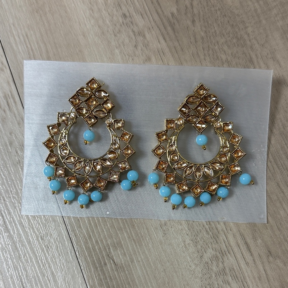 Gold & Turquoise Chandbali Earrings – Beaded Statement Jewelry